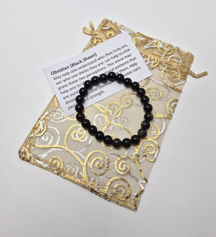 Gemstone Bead Bracelet - Obsidian Black Sheen 8mm