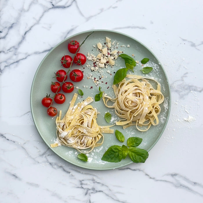 Il Mio Tavolo stoneware oversized dinner plate, 12.5 inch restaurant-style plating size, hand-glazed at Bucci Ceramiche Pesaro, designed by Chef Dena Marino