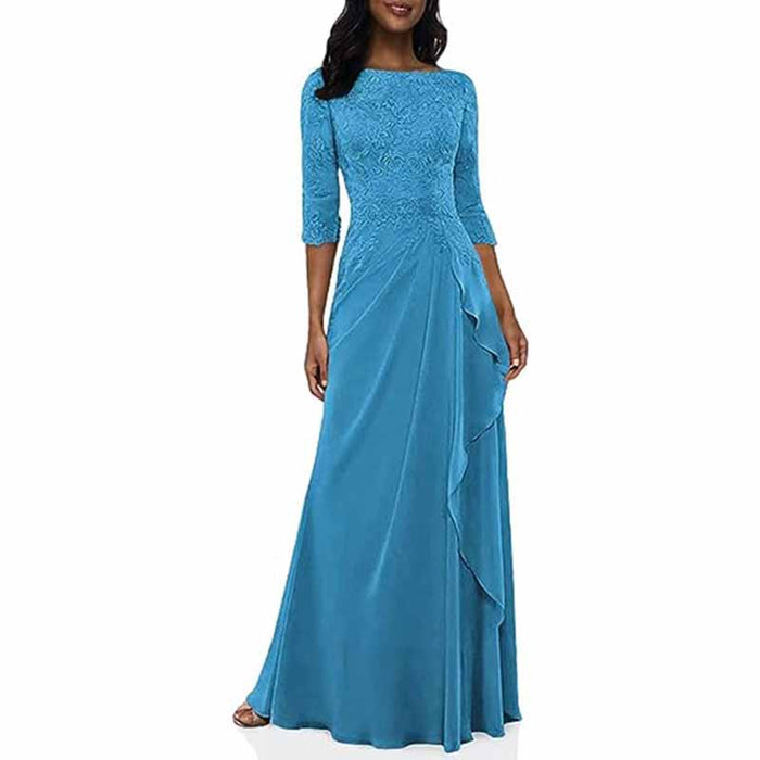 Elegant blue lace bridesmaid dress with sleeves featuring a flowy, layered skirt for special occasions