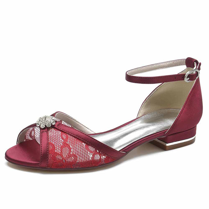 Elegant burgundy lace open toe wedding shoes with ankle strap and decorative embellishments