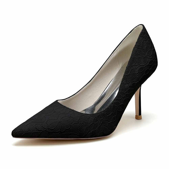 Elegant black lace wedding heels for bride with pointed toe and stiletto heel