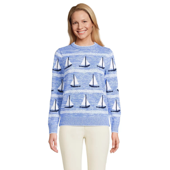 Lands' End Women’s Cotton Drifter Sailboat Crew Neck Sweater – Blue Sailboats