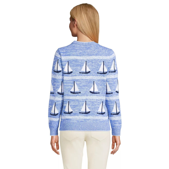 Lands' End Women’s Cotton Drifter Sailboat Crew Neck Sweater – Blue Sailboats
