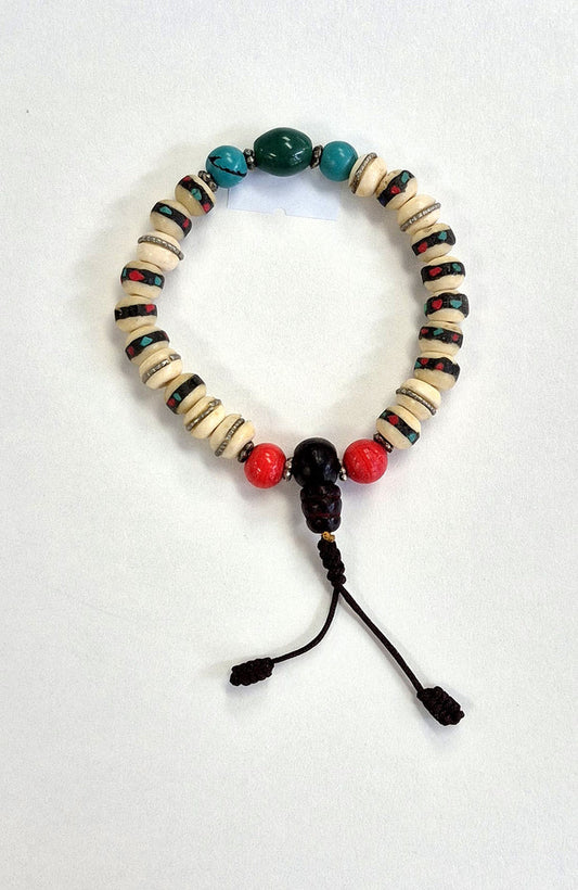 Mala Bracelet - Tibetan Yak Bone White Inlaid with Turquoise, Green Onyx,Red Beads & Black Guru Bead