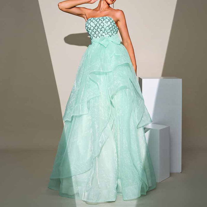 Mint Sequined Tulle Strapless Gown Wedding Party Gowns