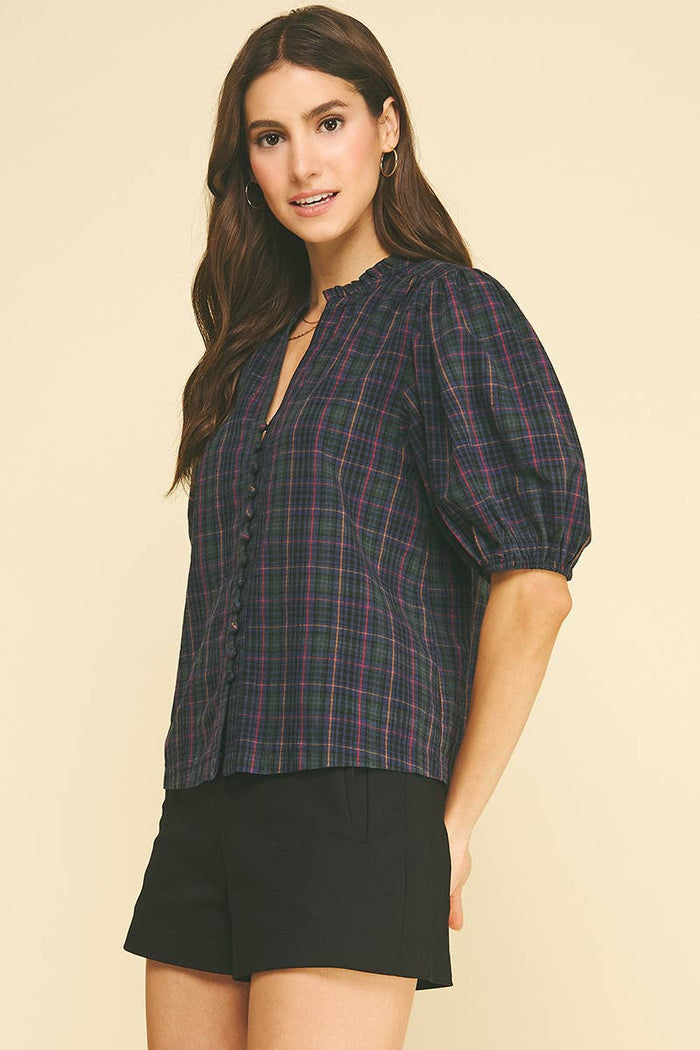 PLAID PUFF SLEEVE BLOUSE - NAVY
