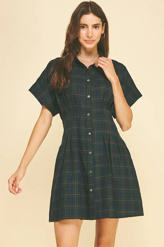 PLAID SHIRT MINI DRESS - DEEP NAVY MULTI