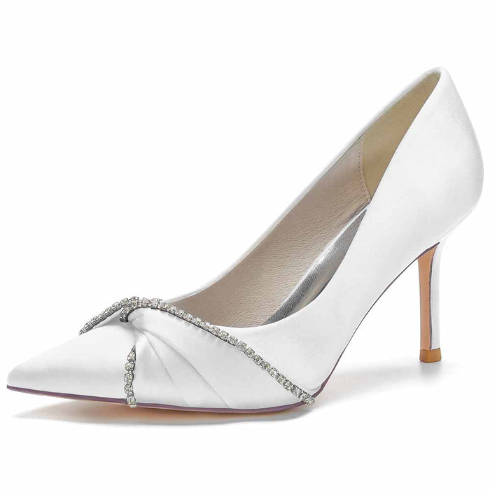 Elegant satin beaded wedding pumps with pointed toe and delicate beaded detail for bridal wear