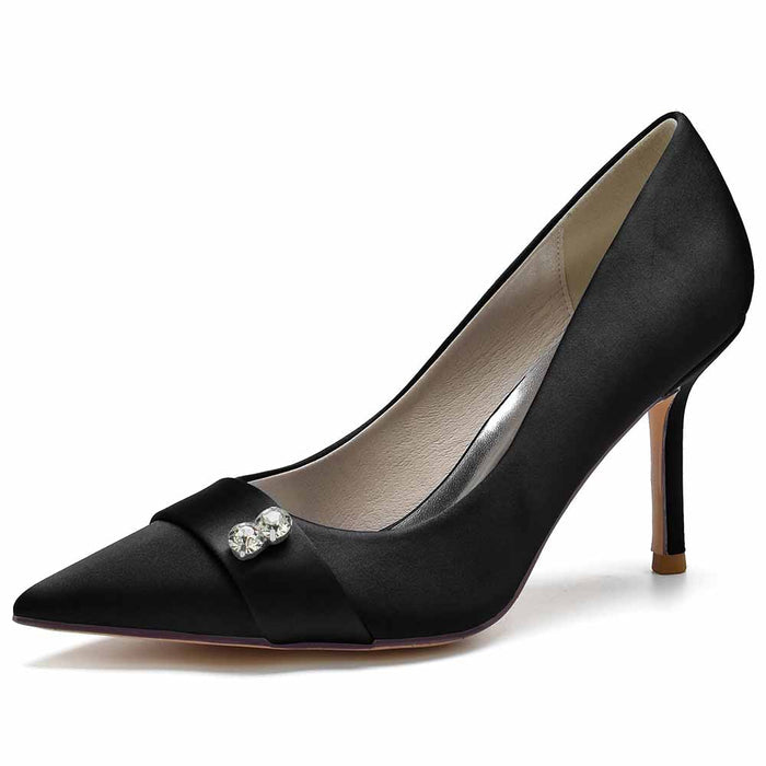 Elegant satin wedding heels closed toe in black with a crystal embellishment on the front