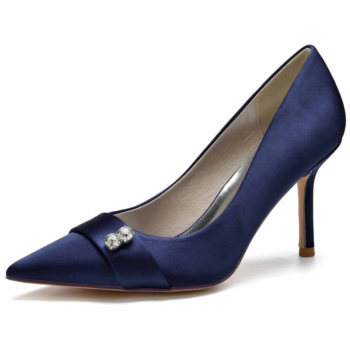 Elegant navy satin wedding heels closed toe with a decorative jewel for a stylish bridal look
