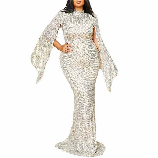 Sheer Cape Sleeve Sequin Black Prom Derss Plus Size Event Gowns