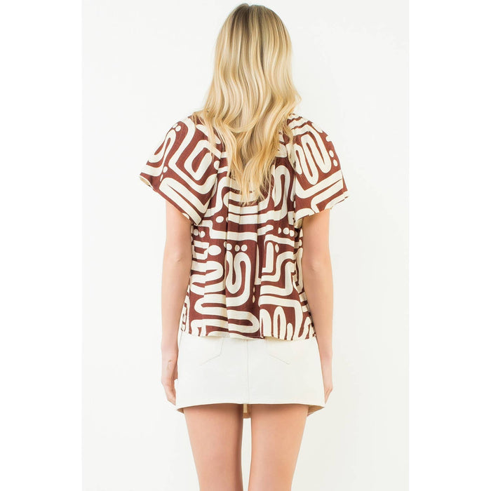 SHORT SLEEVE PATTERN V-NECK TOP - BROWN