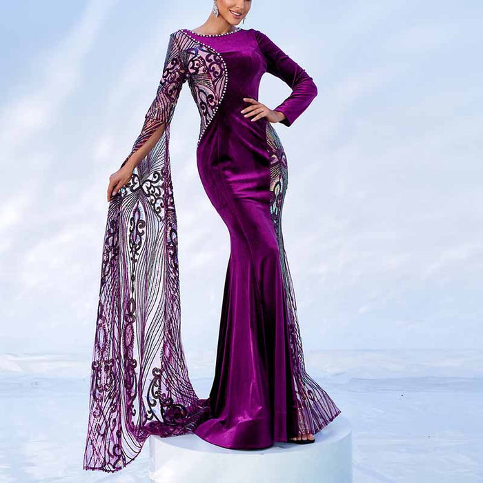 Single Cape Sleeves Velvet Evening Dress Long Prom Dress Event Dress