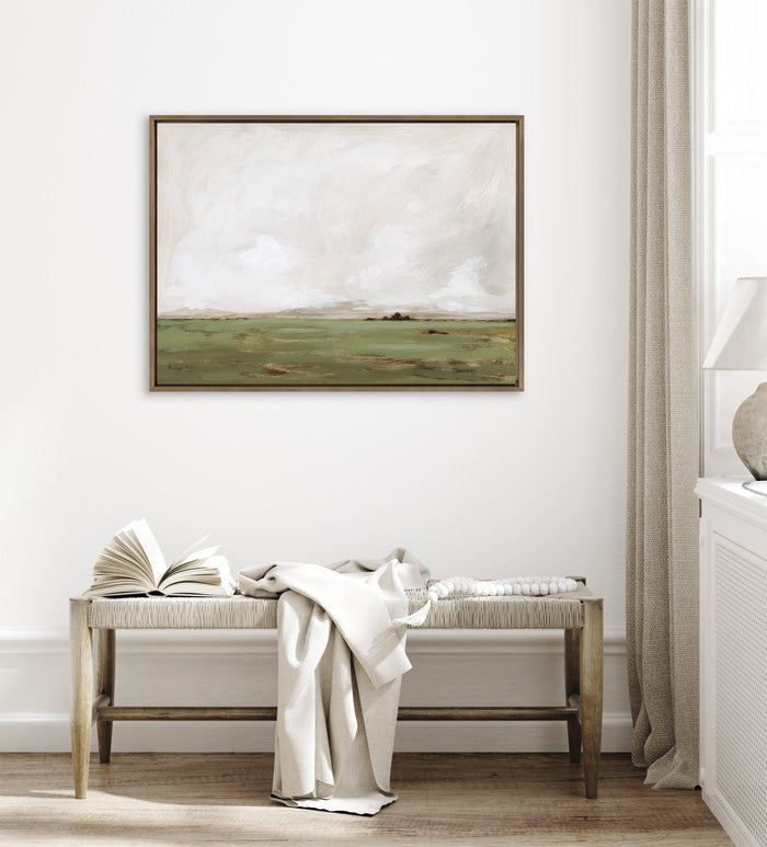 Rest No. 1 green landscape by Mackenzie Nelson, styled above a bench