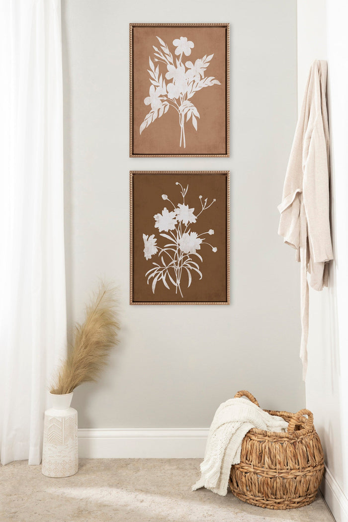 Spring Floral Silhouette botanical pair by Heather Dutton, styled above a bench