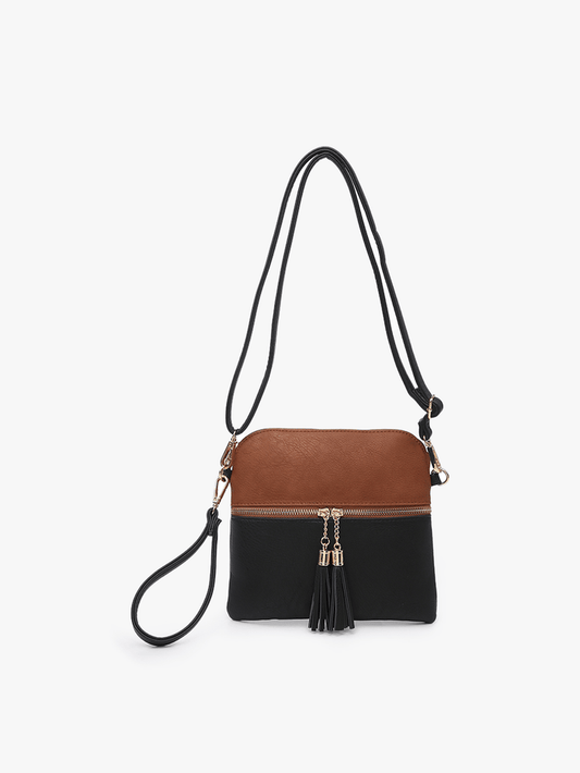 M1785 Tara Double Zip Crossbody Bag/Wristlet: Black/Brown Jen & Co.