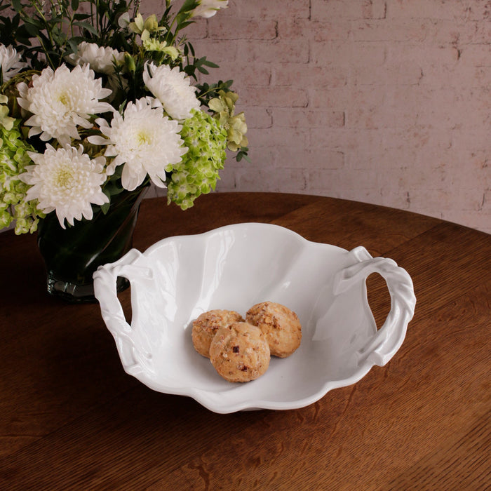 Beatriz Ball Vida Sasha Round Large Bowl with Handles White — With cookies beside a flower vase
