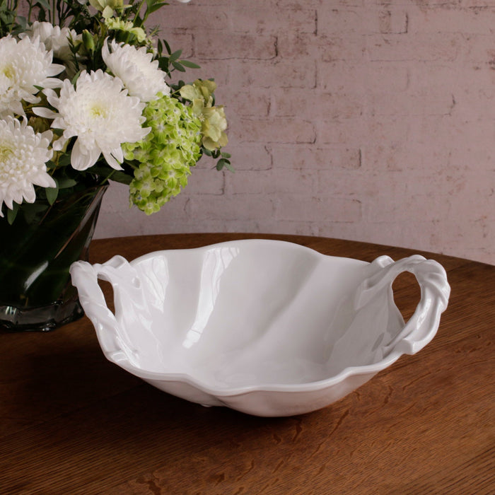 Beatriz Ball Vida Sasha Round Large Bowl with Handles White — Empty bowl beside flowers