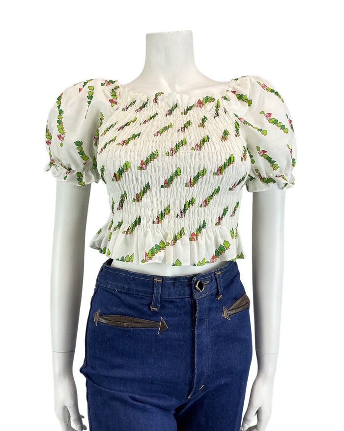 VINTAGE 60s 70s WHITE GREEN RED HOUSE TREE BOHO PRAIRIE SHIRRED BLOUSE TOP 6 8
