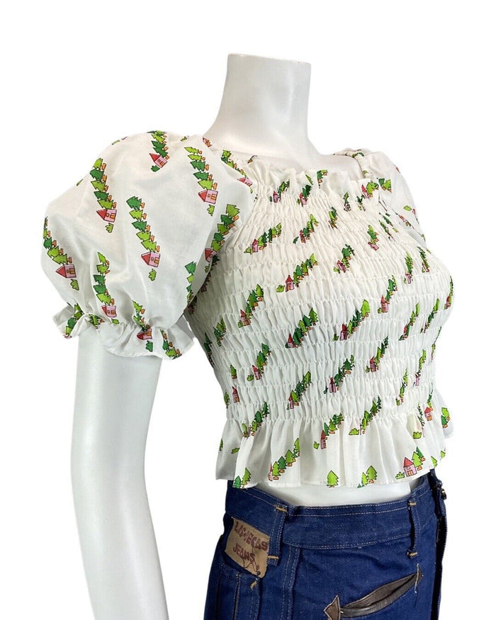 VINTAGE 60s 70s WHITE GREEN RED HOUSE TREE BOHO PRAIRIE SHIRRED BLOUSE TOP 6 8