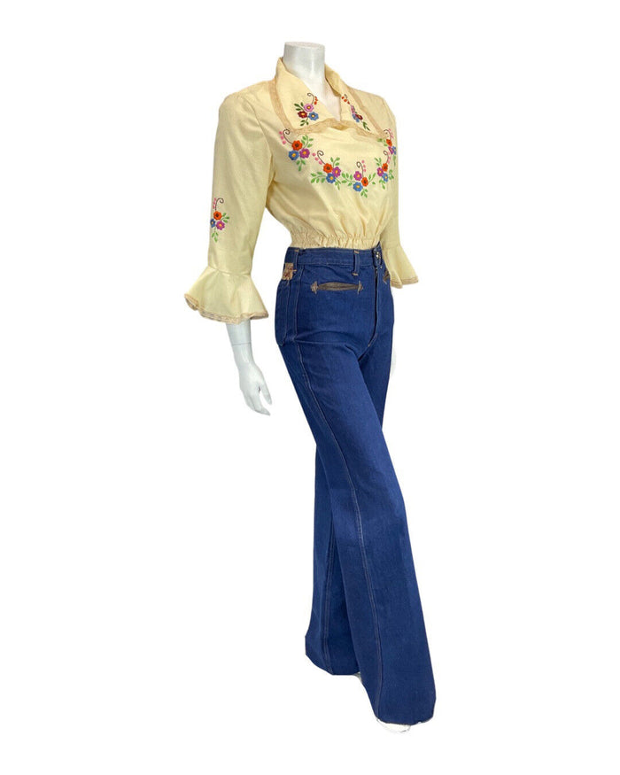 VINTAGE 70s CREAM PURPLE RED FLORAL EMBROIDERED PRAIRIE BOHO FOLK BLOUSE 10 12