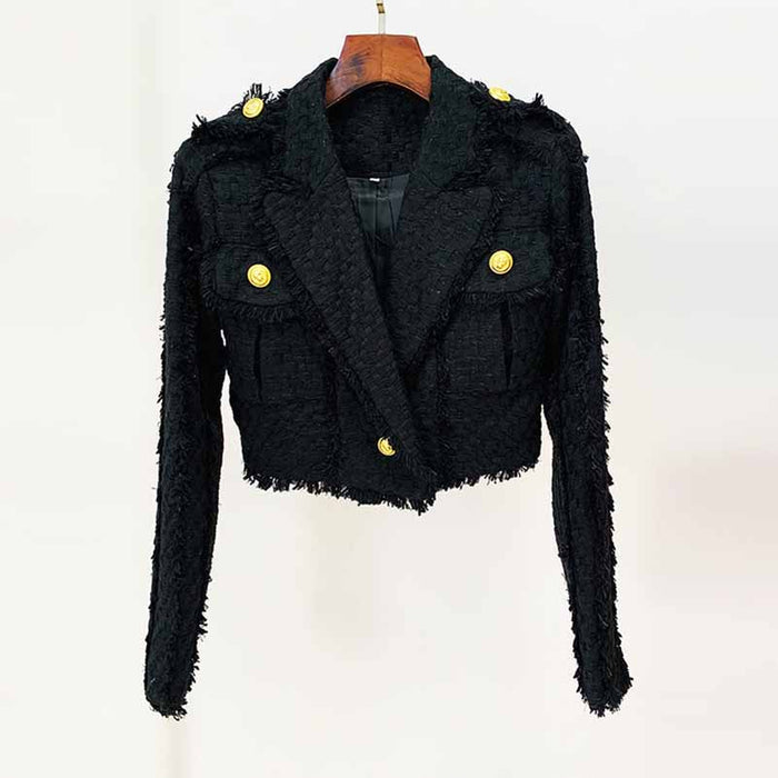 Women Black Tweed V-Neck Blazer + Mid- Waist Skirt Suit / Birthday Party Set