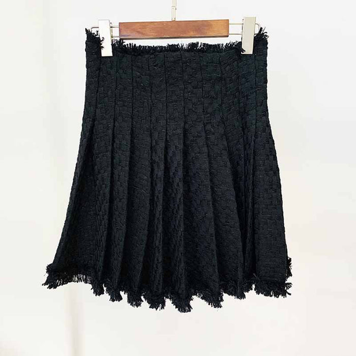 Women Black Tweed V-Neck Blazer + Mid- Waist Skirt Suit / Birthday Party Set
