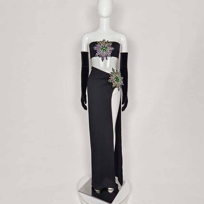 Women Two Pieces Diamonded Event Dress With Gloves Black Club Skirt Suit
