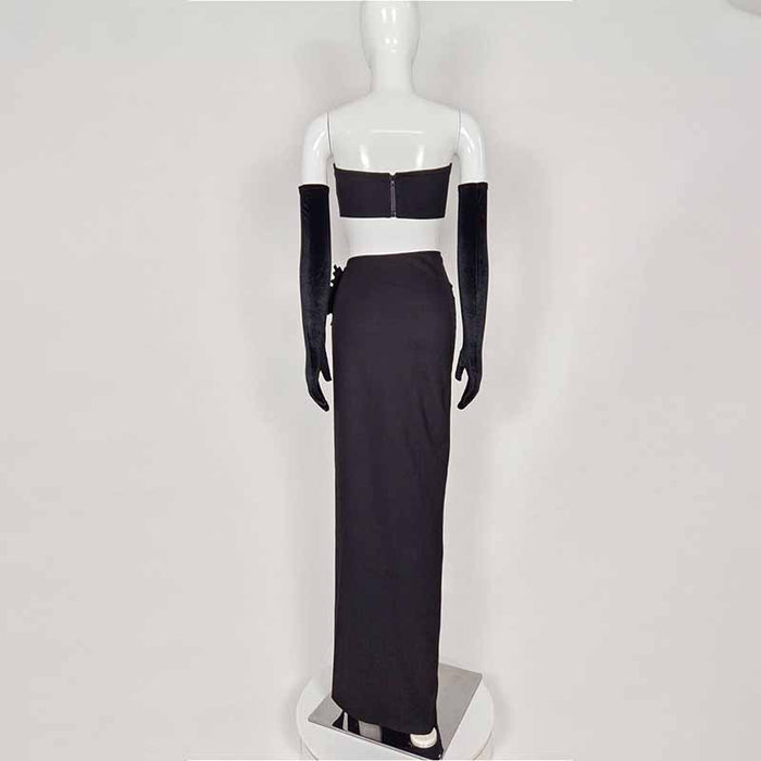 Women Two Pieces Diamonded Event Dress With Gloves Black Club Skirt Suit