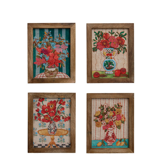 WOOD FRAMED COTTON EMBROIDERED WALL DECOR, 4 STYLES